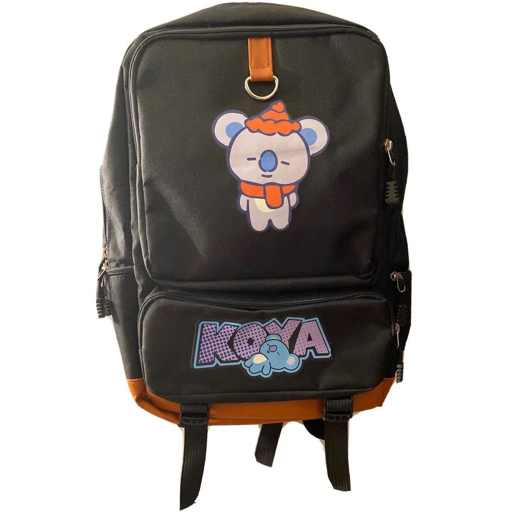 Backpack Koya Koala Bear Kooky BT21 Black With Brown Faux Leather School Bag